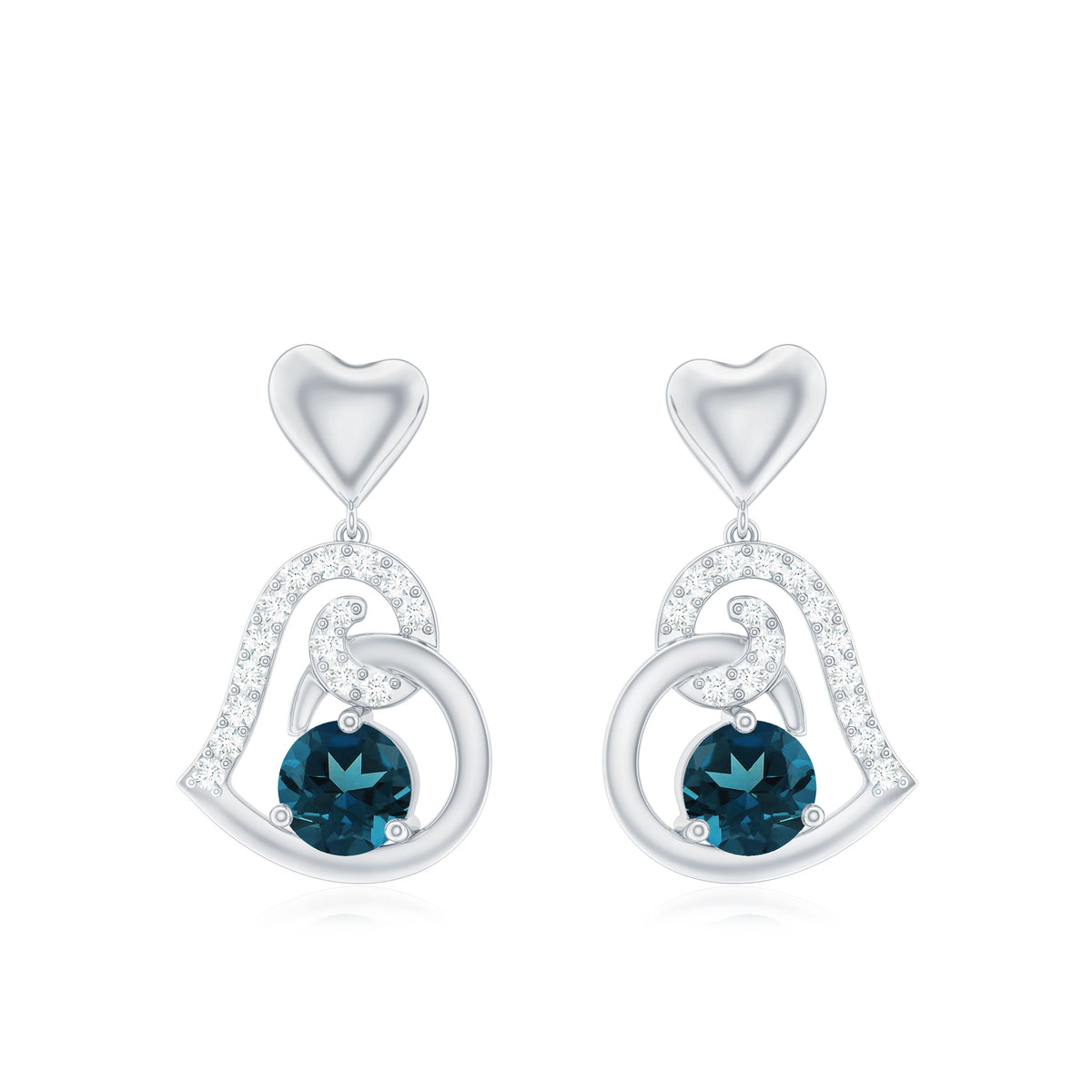 Round London Blue Topaz and Diamond Heart Drop Earring