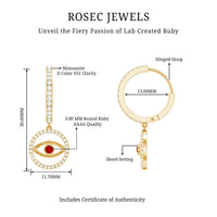 Lab Created Ruby and Moissanite Evil Eye Hoop Drop Earrings