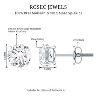 Round Moissanite 1 Carat Stud Earrings with Screw Back