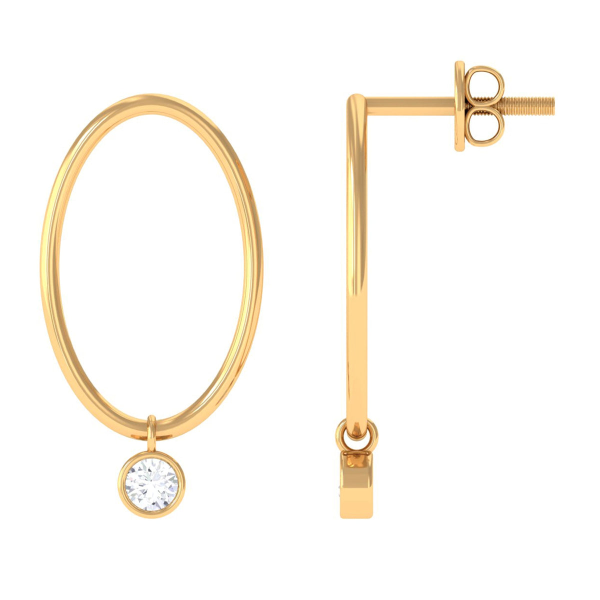 Rosec Jewels bezel set moissanite front-facing hoop drop earrings, showcasing sparkling earrings with elegant design.