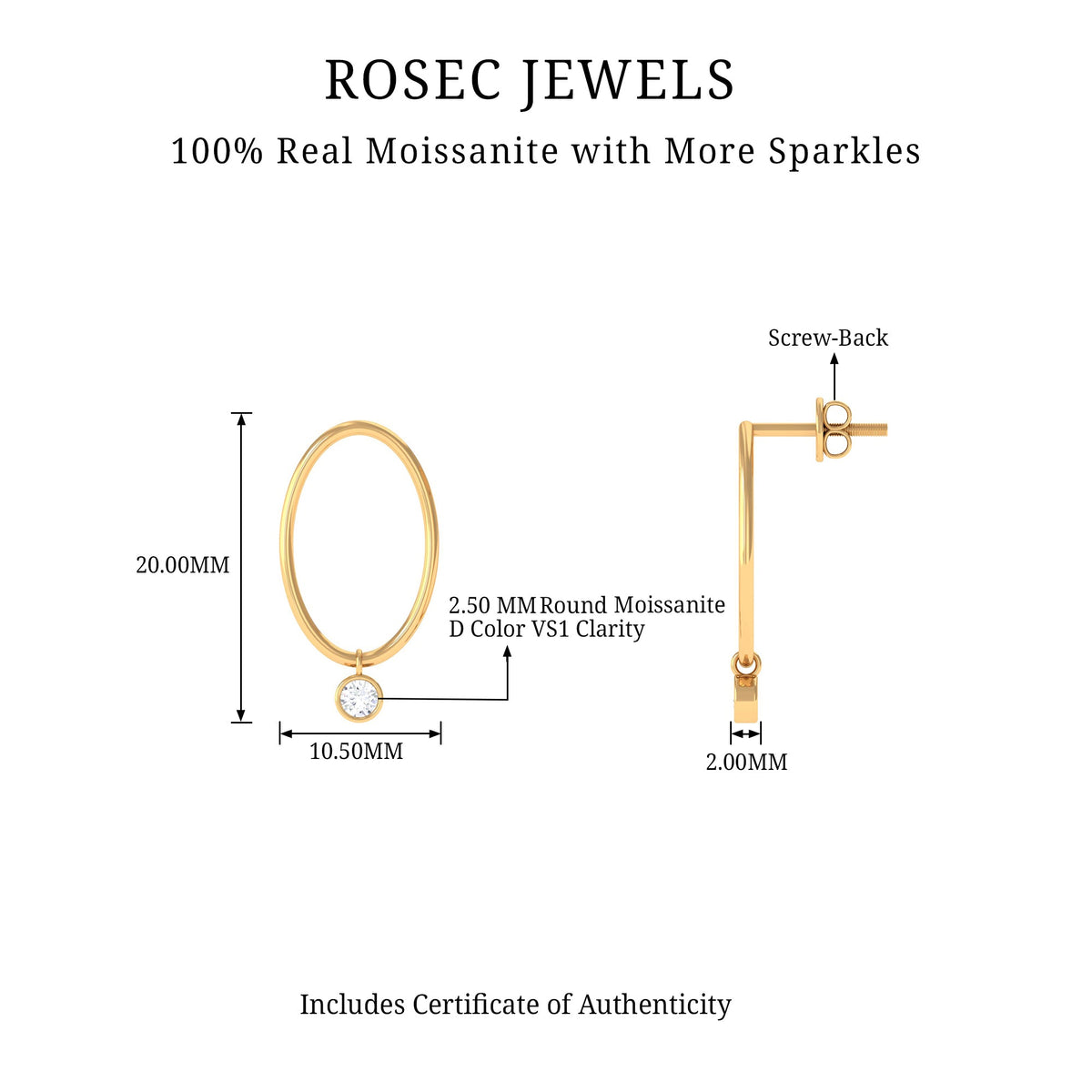 Rosec Jewels Bezel Set Moissanite front-facing hoop drop earrings with sparkling stones and sleek design.