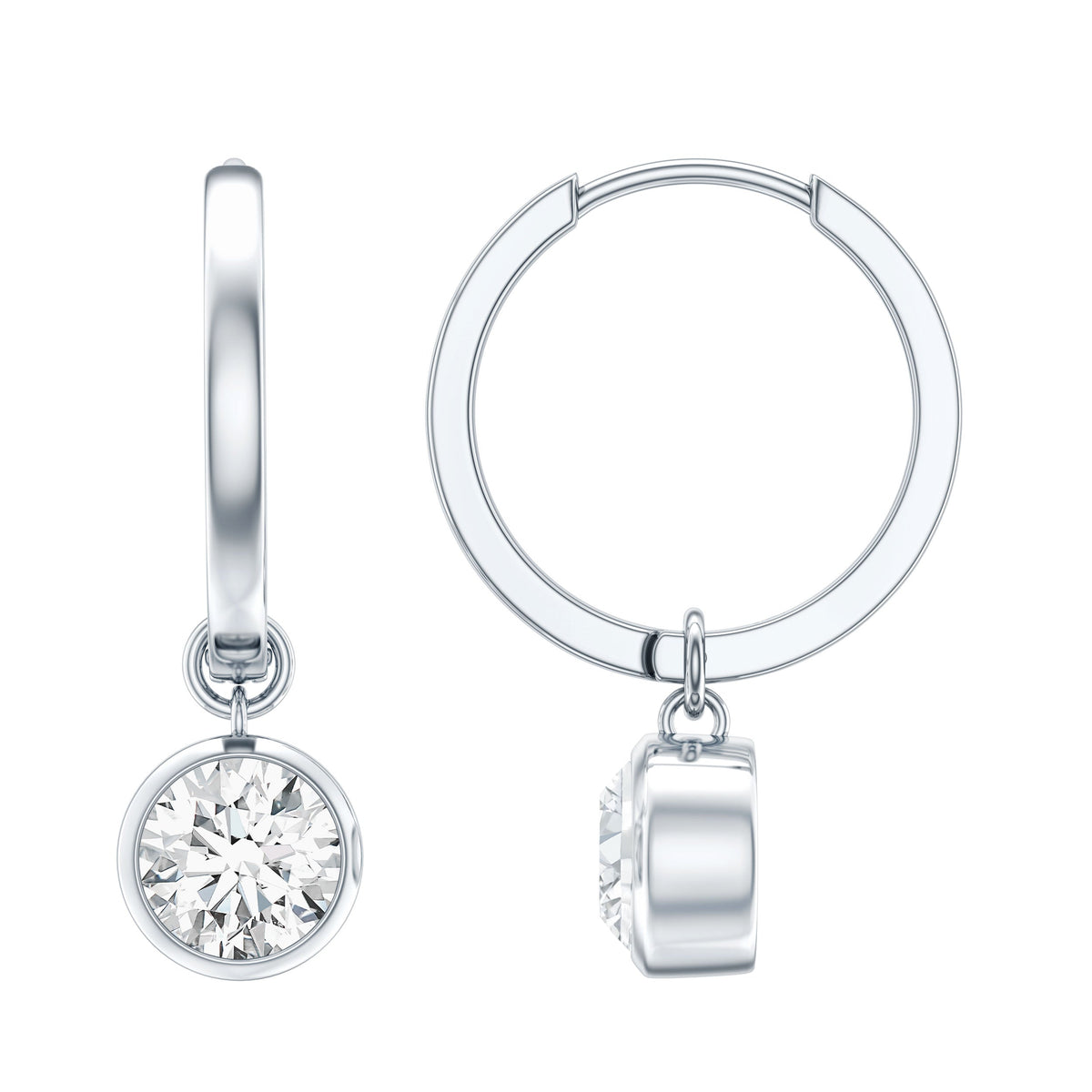 Bezel set 2 carat round moissanite drop hoop earrings by Rosec Jewels, showcasing sparkling gemstone and elegant hoop design.