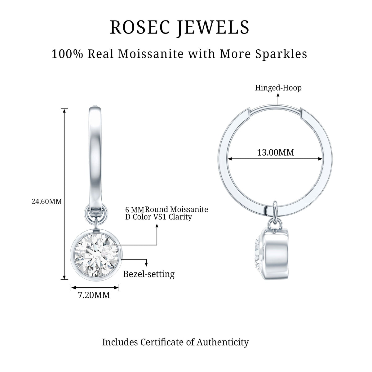 Bezel set 2 carat round moissanite drop hoop earrings by Rosec Jewels, featuring sparkling moissanite stones and gold-tone hoops.