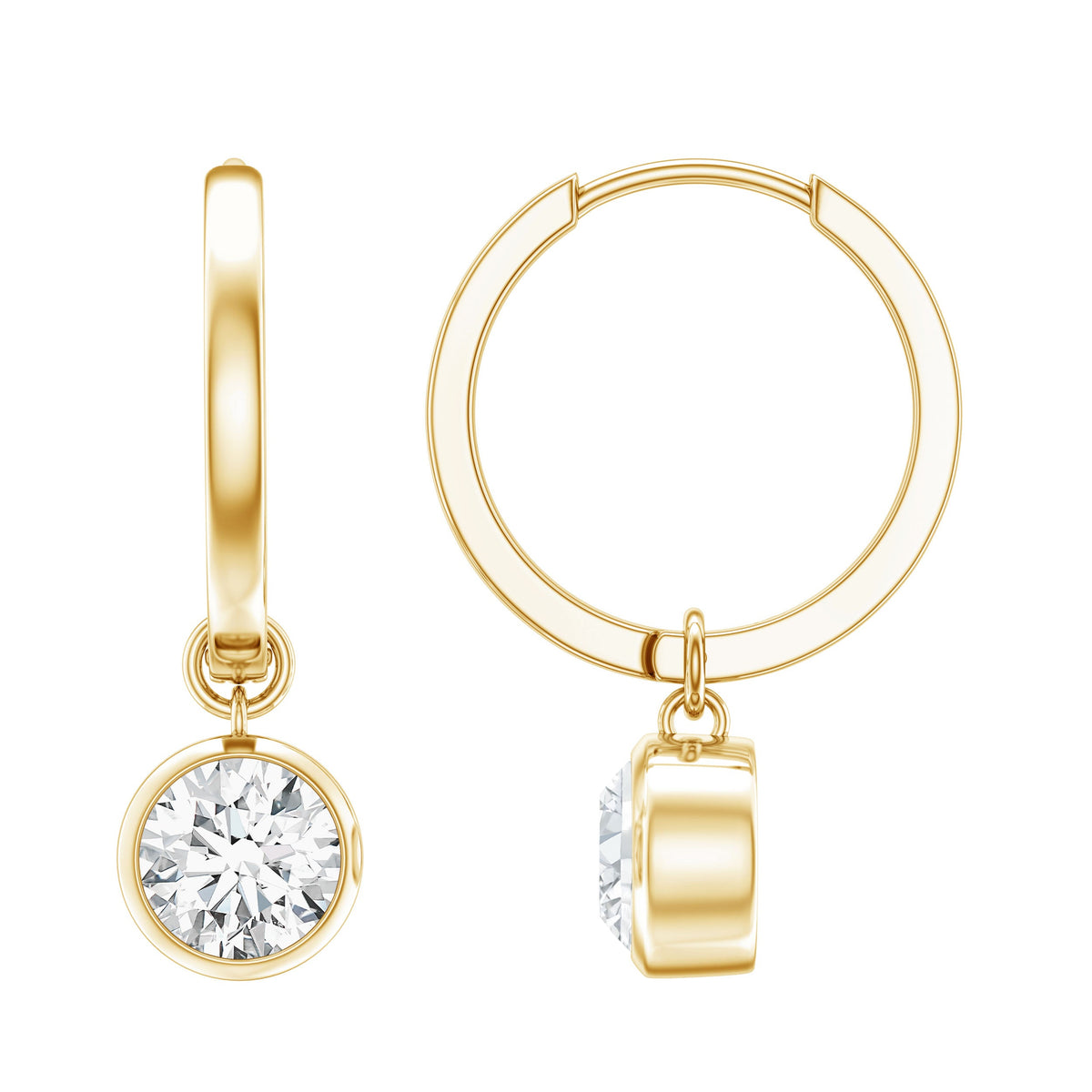 Bezel set moissanite hinged hoop earrings by Rosec Jewels featuring sparkling stones and sleek gold finish.