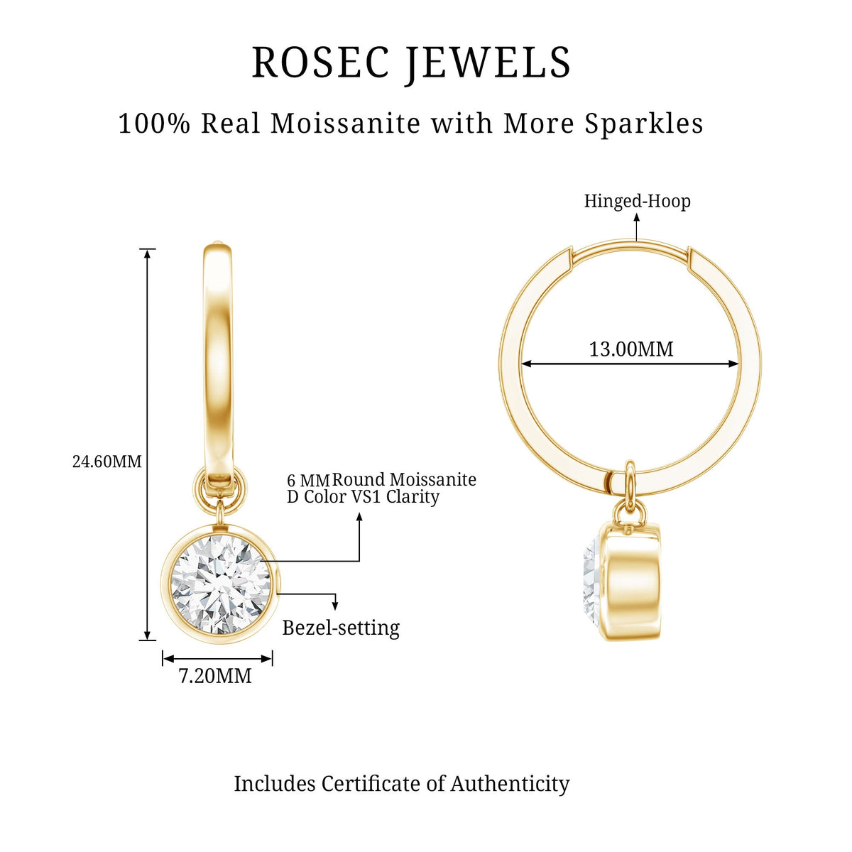 Bezel set moissanite and hinged hoop earrings by Rosec Jewels, showcasing sparkling gemstones and sleek gold hoops.