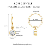 Bezel set moissanite and hinged hoop earrings by Rosec Jewels, showcasing sparkling gemstones and sleek gold hoops.