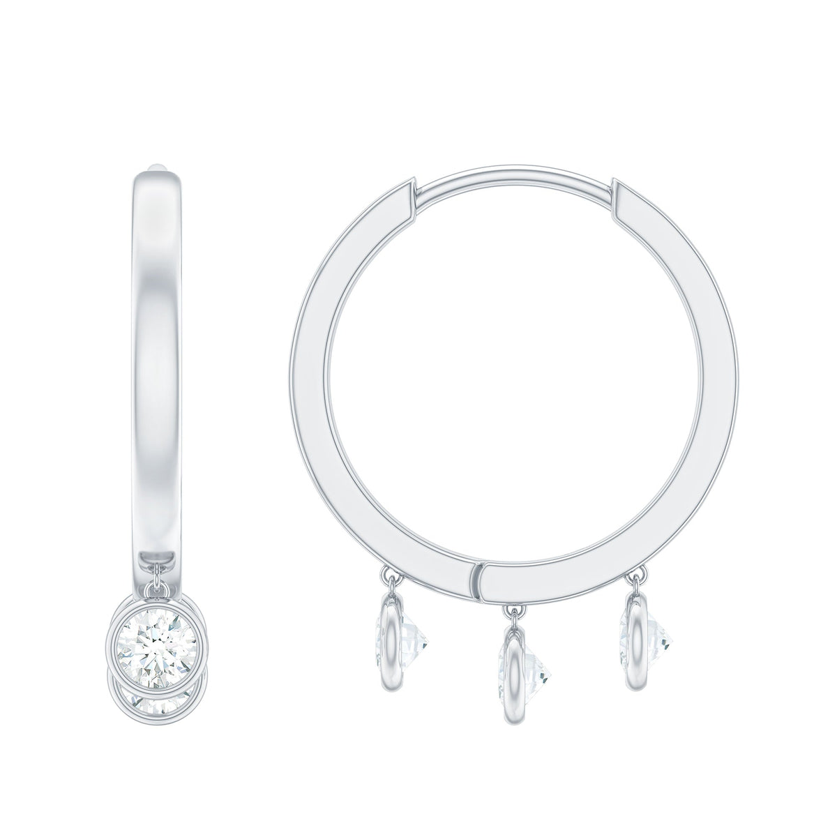 Natural 3 stone diamond drop hoop earrings from Rosec Jewels featuring sparkling diamonds and elegant hoop design.
