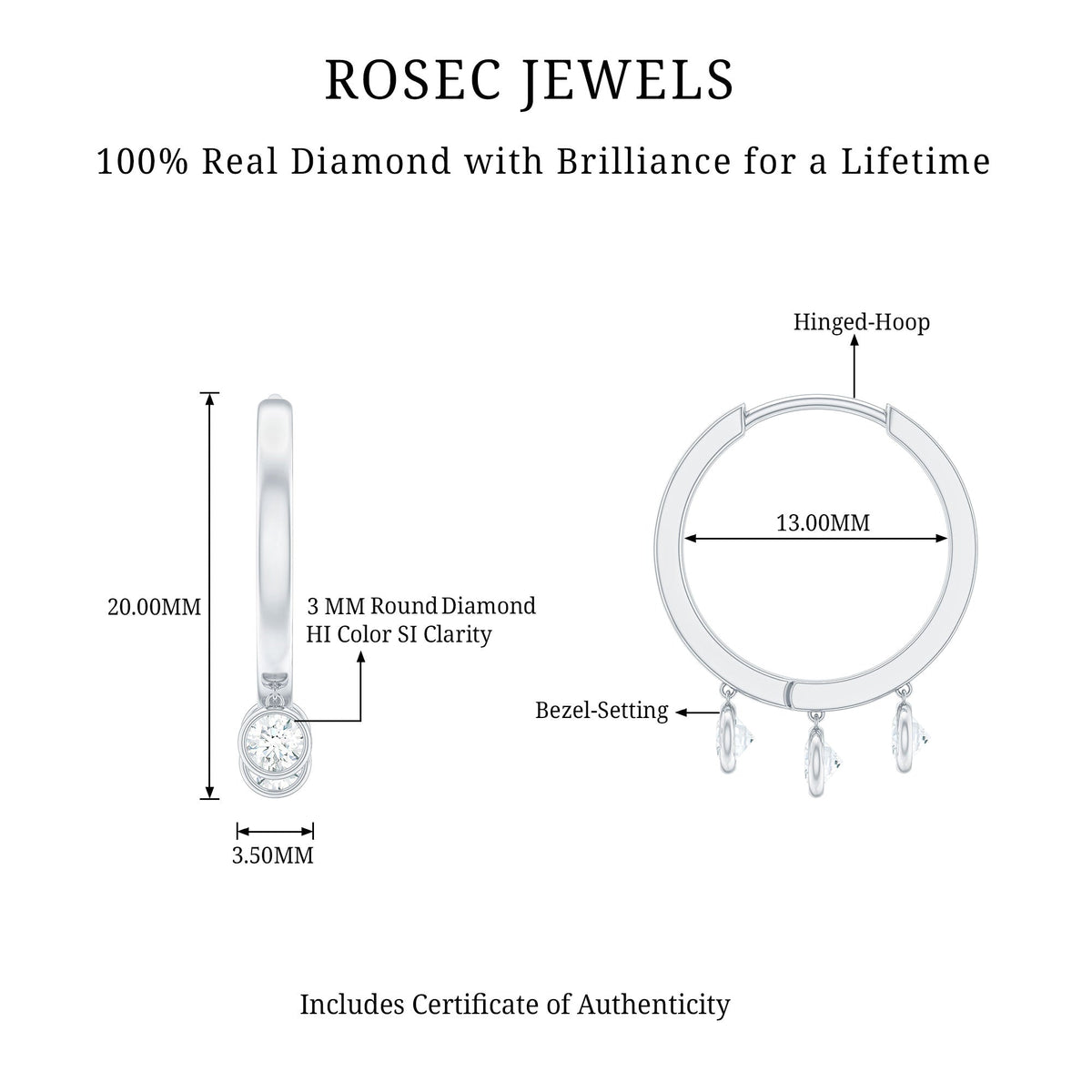 Natural 3 stone diamond drop hoop earrings by Rosec Jewels, showcasing elegant hoops with sparkling diamond accents.