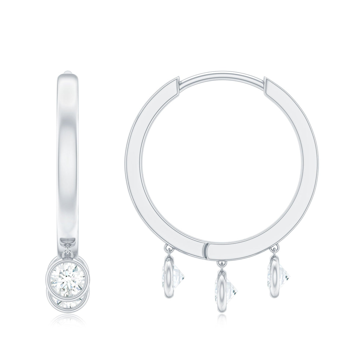 Rosec Jewels natural 3 stone diamond drop hoop earrings featuring three sparkling diamonds on elegant gold hoops.