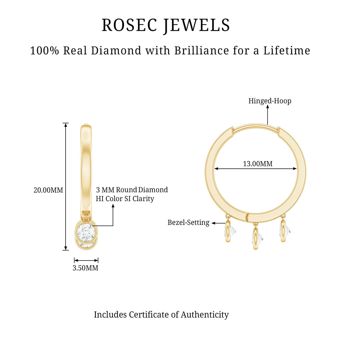 Natural 3 stone diamond drop hoop earrings by Rosec Jewels, featuring elegant hoops with sparkling diamond accents.