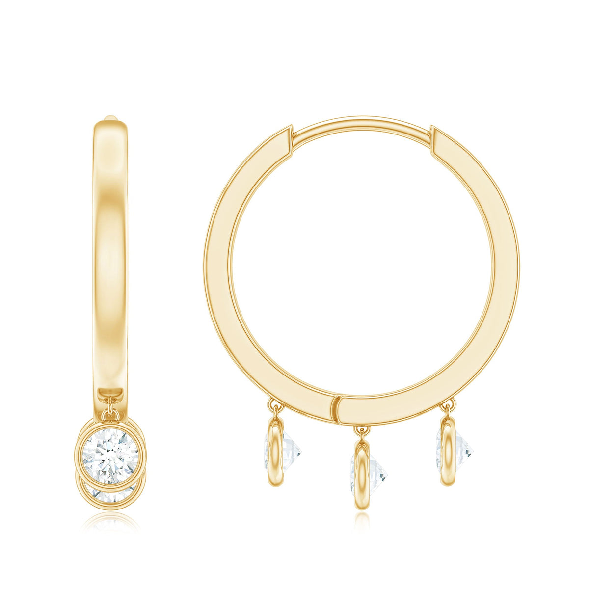 Natural 3 stone diamond drop hoop earrings from Rosec Jewels featuring elegant gold hoops with sparkling diamond accents.