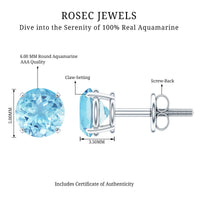 Certified Natural Aquamarine Everyday Earrings with Screw Back