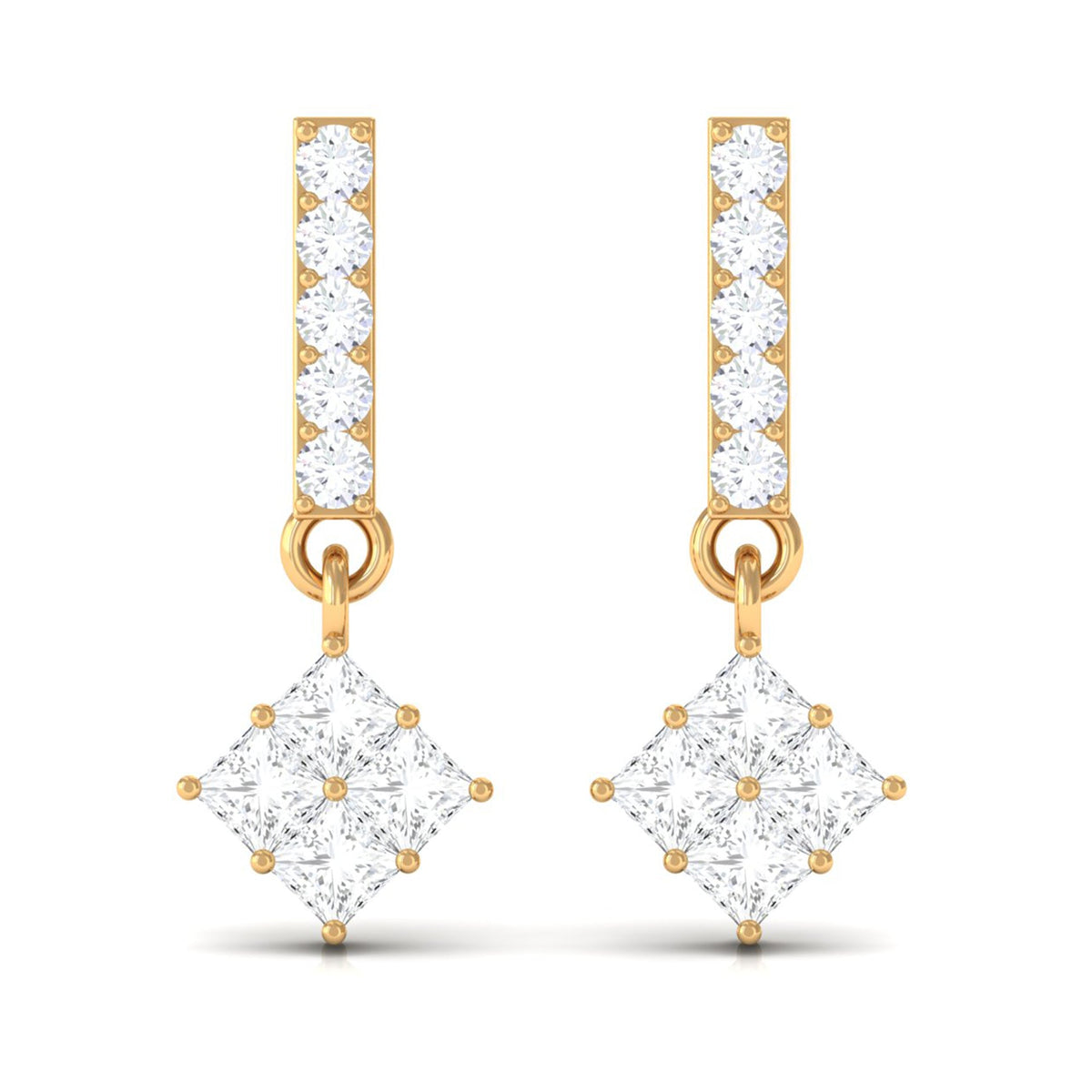 Princess and Round Cut Diamond Contemporary Dangle Earrings