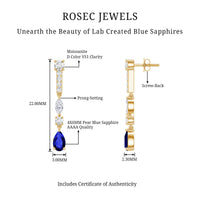 Pear Cut Created Blue Sapphire and Moissanite Long Dangle Earrings