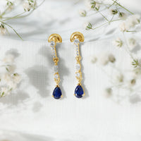 Pear Cut Created Blue Sapphire and Moissanite Long Dangle Earrings