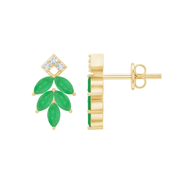 Real emerald leaf stud earrings with sparkling moissanite stones by Rosec Jewels, featuring intricate leaf design and elegant craftsmanship.