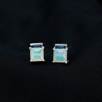 Princess Cut Ethiopian Opal Stud Earrings with Blue Sapphire Trio
