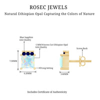 Princess Cut Ethiopian Opal Stud Earrings with Blue Sapphire Trio