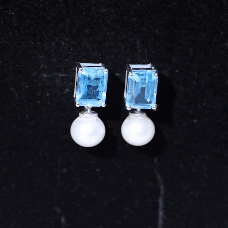 Freshwater pearl and blue topaz drop earrings from Rosec Jewels featuring elegant yellow accents and silver hooks.