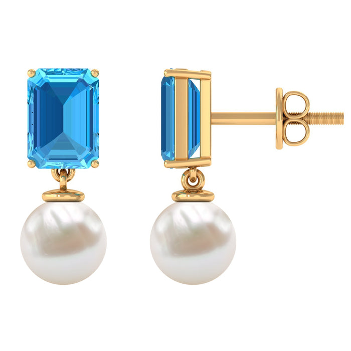 Freshwater pearl and blue topaz drop earrings by Rosec Jewels, featuring elegant pearl and gemstone design.