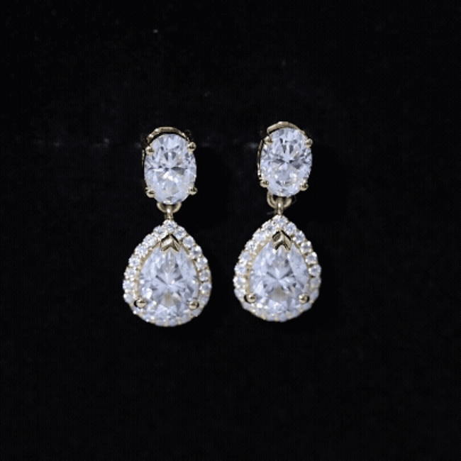 Yellow moissanite teardrop bridal earrings by Rosec Jewels, featuring sparkling gemstone drops and elegant gold settings.
