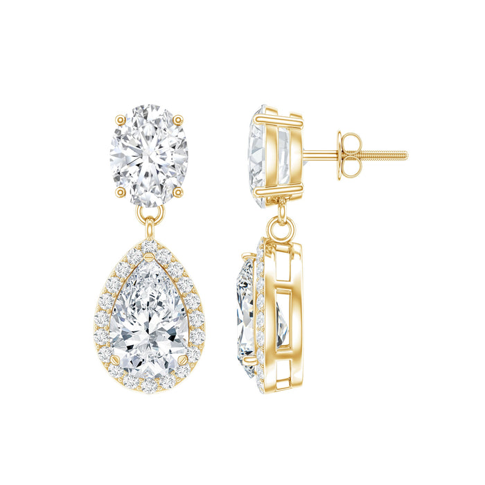 Certified Moissanite teardrop bridal earrings by Rosec Jewels featuring sparkling teardrop-shaped stones and elegant gold settings.