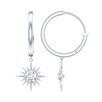 Bezel Set Round Moissanite Sunburst Hoop Drop Earrings