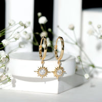 Bezel Set Round Moissanite Sunburst Hoop Drop Earrings