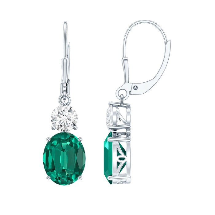 Rosec Jewels lab-grown emerald drop hoop earrings with 6-carat oval cut emeralds and gold hoops, detailed close-up image.