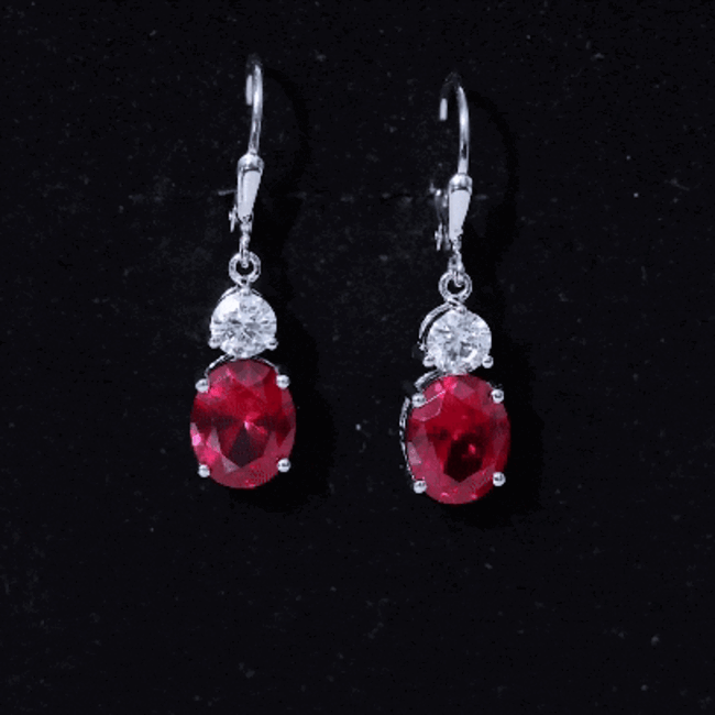 Rosec Jewels 8 Carat Lab Created Ruby Drop Earrings with certificate, featuring elegant ruby gemstones and gold hooks.