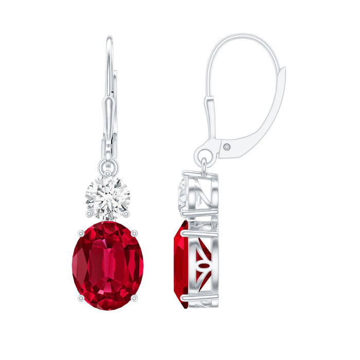 Lab-created ruby drop earrings by Rosec Jewels featuring 8-carat ruby gemstones with certification, elegant and sparkling jewelry.