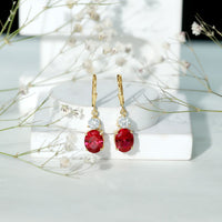 Oval Shape Lab Created Ruby Dangle Drop Earrings with Moissanite