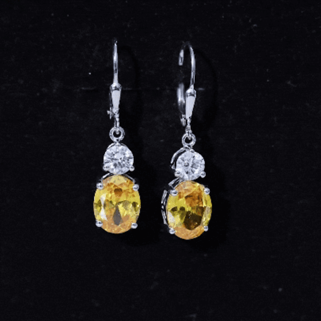 8 carat yellow sapphire drop earrings with leverback by Rosec Jewels, featuring sparkling lab-grown yellow sapphires and elegant design.