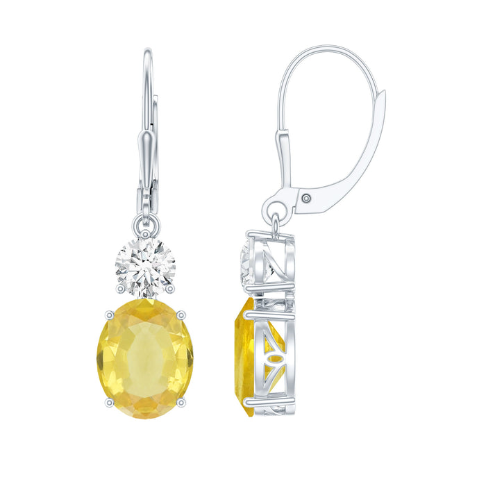 Yellow sapphire drop earrings with 8 carats in a leverback setting, crafted by Rosec Jewels.