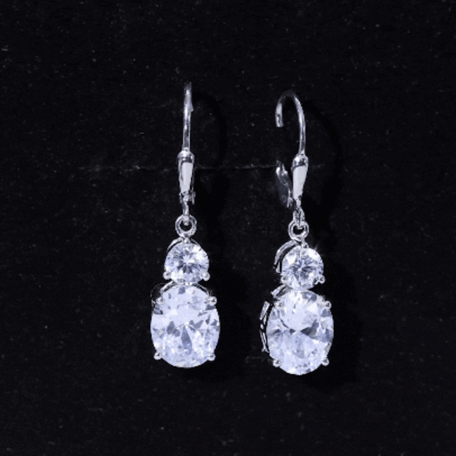Sterling silver cubic zirconia hoop drop earrings with lever back closure by Rosec Jewels, featuring sparkling white stones.