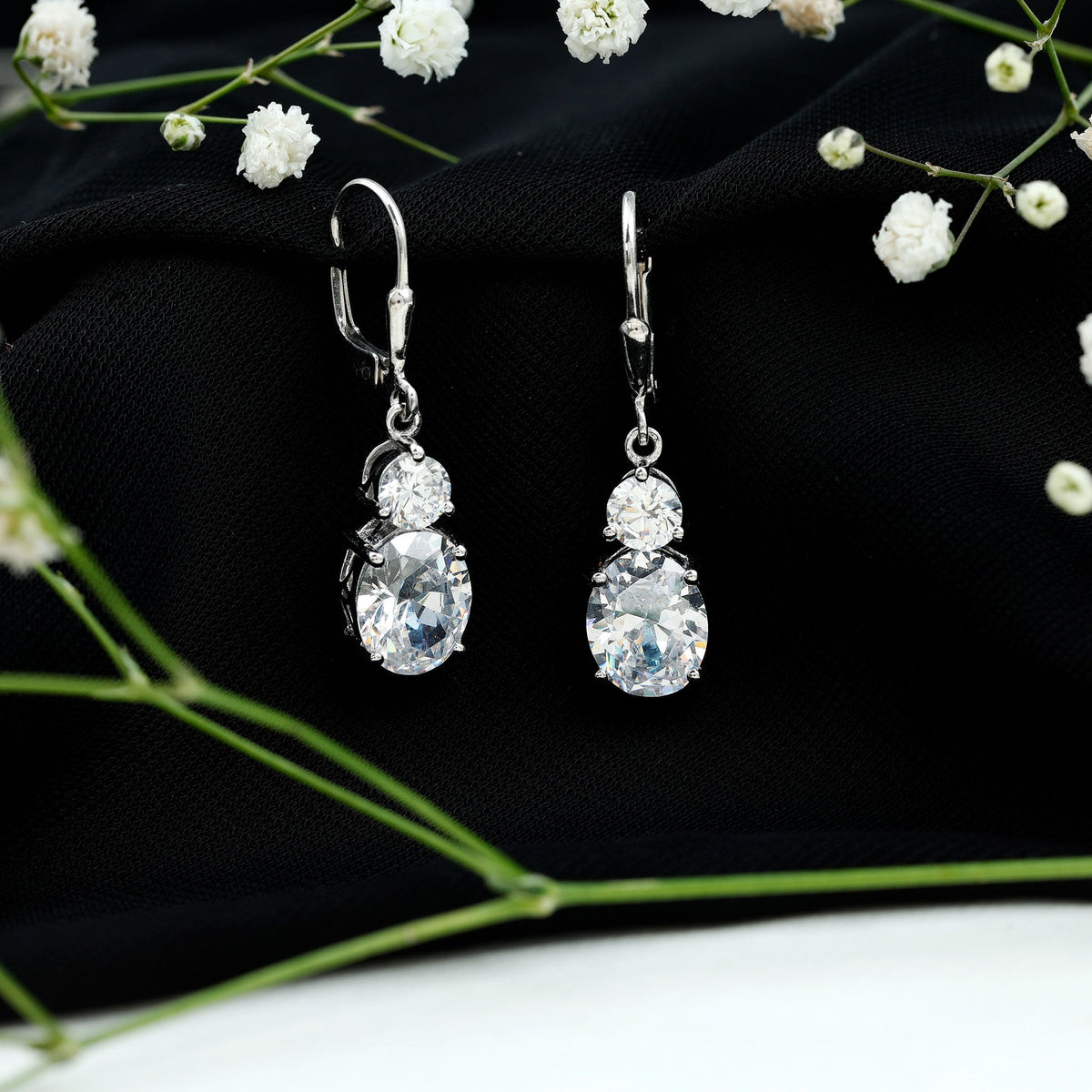Minimal Zircon 2 Stone Drop Earrings with Lever Back