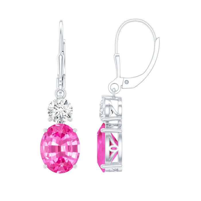 Rosec Jewels 8 Carat oval lab-grown pink sapphire drop hoop earrings with gold-tone setting, featuring sparkling pink sapphires.