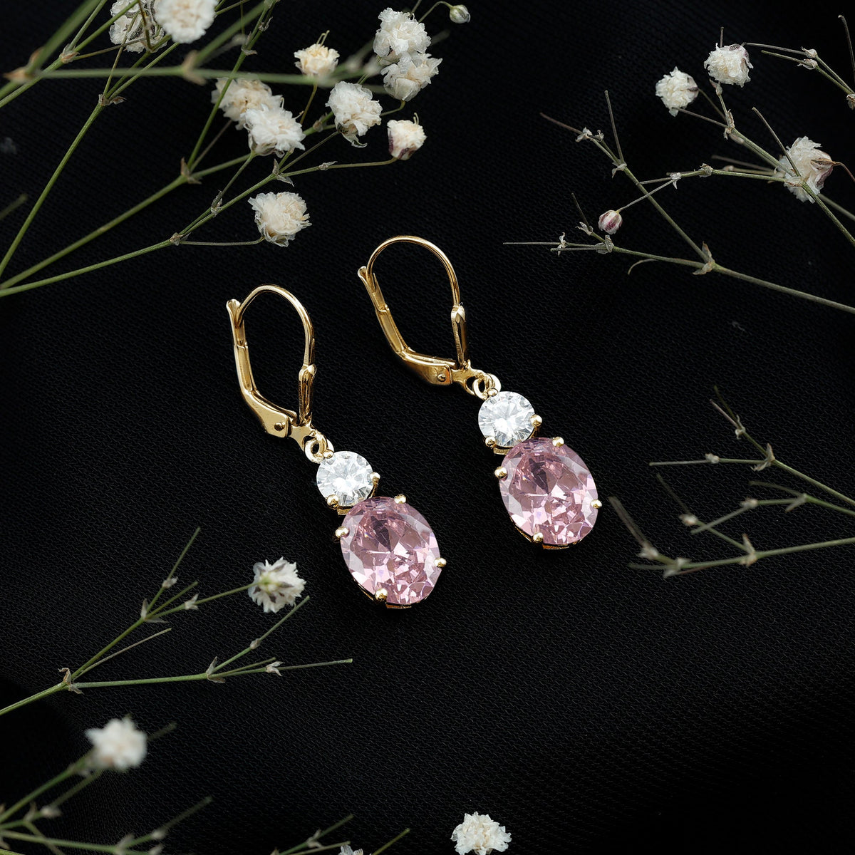 Lab Grown Pink Sapphire and Moissanite Drop Earrings With Leverback