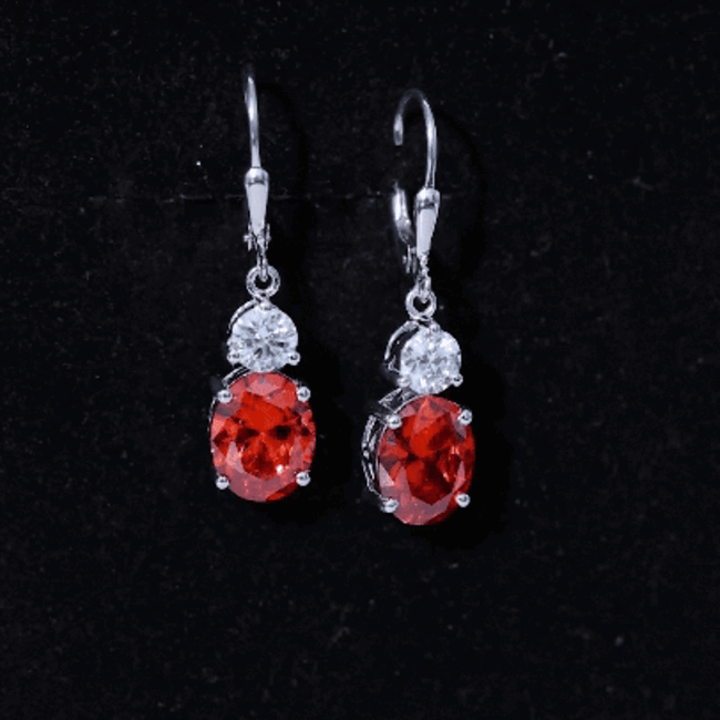 Certified 8 Carat Lab Grown Orange Sapphire drop earrings with sparkling Moissanite stones by Rosec Jewels.