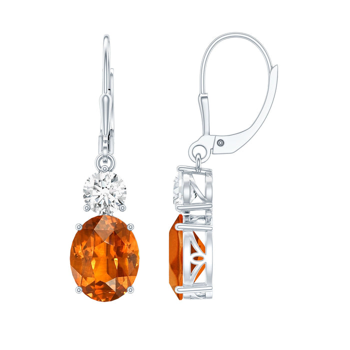 Certified 8 Carat Lab Grown Orange Sapphire Drop Earrings with Moissanite by Rosec Jewels showing the vibrant orange sapphires and sparkling earrings.