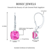 Cushion Cut Lab Created Pink Sapphire Solitaire Drop Earrings with Leverback