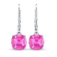 Cushion Cut Lab Created Pink Sapphire Solitaire Drop Earrings with Leverback