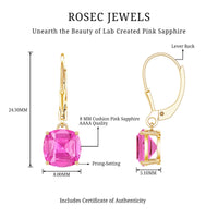 Cushion Cut Lab Created Pink Sapphire Solitaire Drop Earrings with Leverback