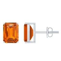 Lab Grown Orange Sapphire Emerald Cut Stud Earrings