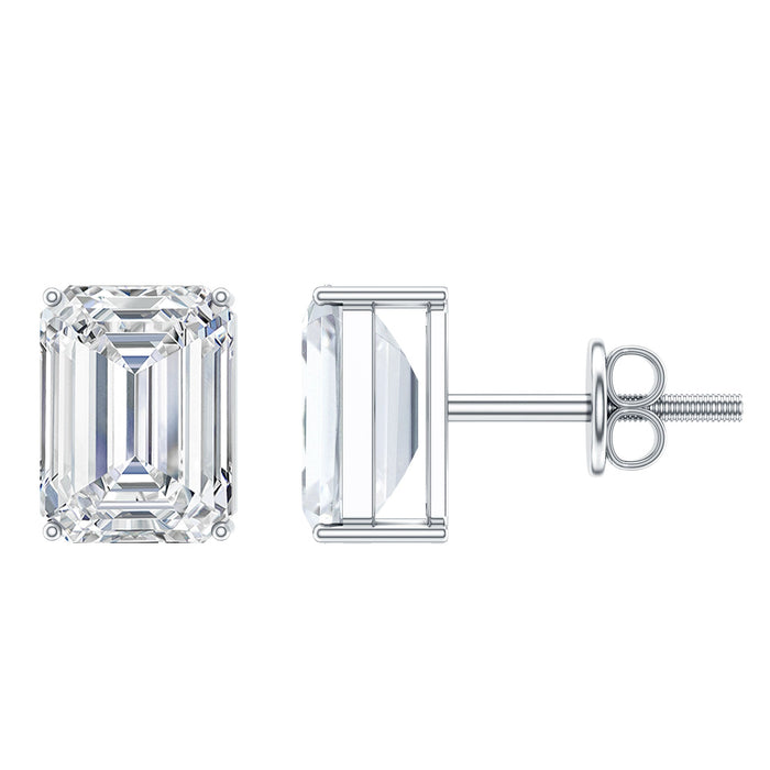 Rosec Jewels 3.7 Carat emerald cut cubic zirconia stud earrings with silver posts on white background.