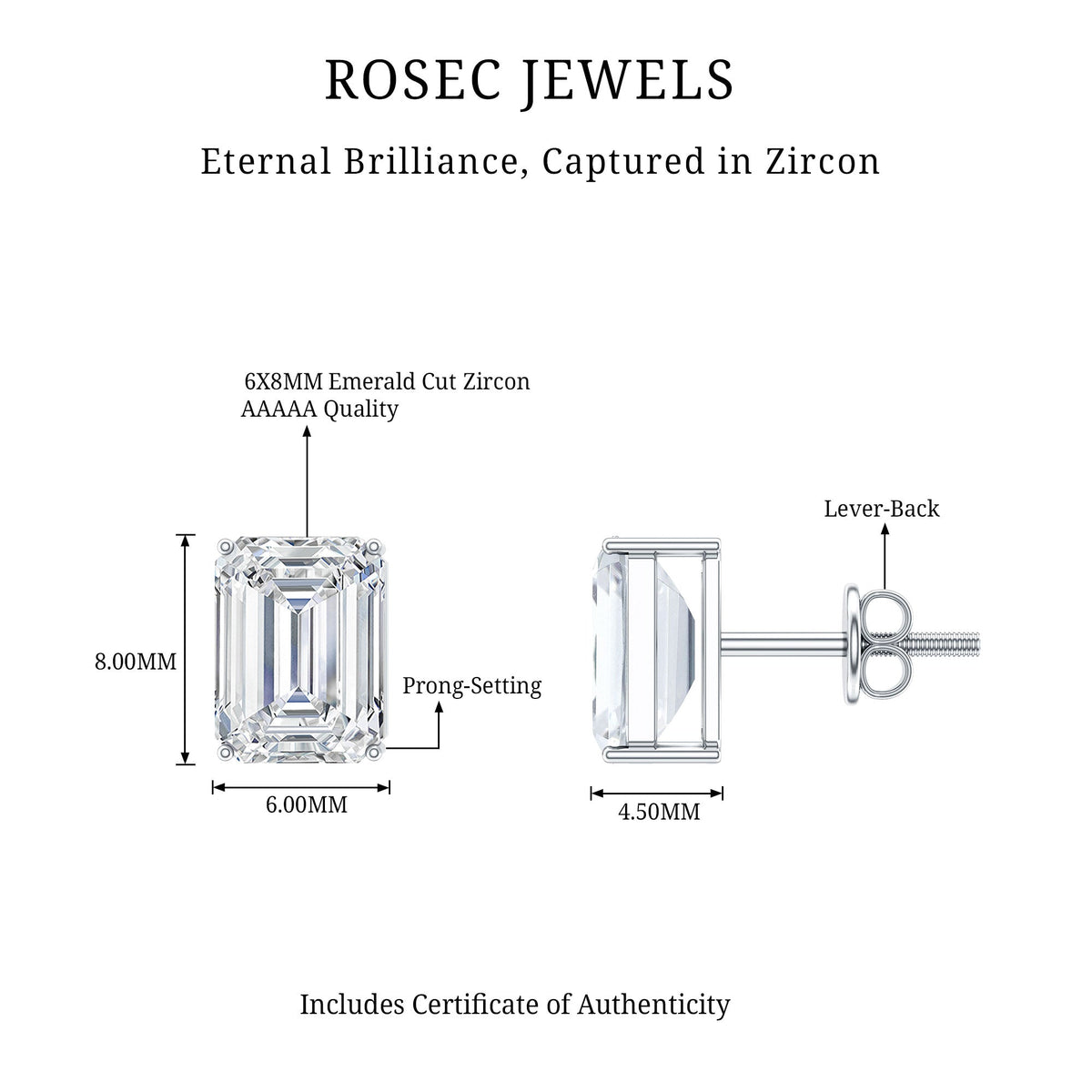Certified 3.7 Carat Cubic Zirconia Emerald Cut Stud Earrings with Screw Back