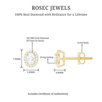 Rosec Jewels Halo diamond earrings with screw back, featuring sparkling round diamonds and silver setting.