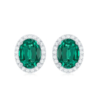 Classic Oval Shaped Lab Grown Emerald and Diamond Halo Stud Earrings