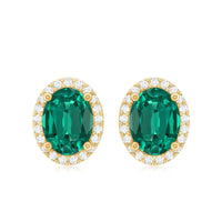 Classic Oval Shaped Lab Grown Emerald and Diamond Halo Stud Earrings