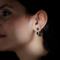 Lab-created emerald dangle earrings with moissanite accents, crafted by Rosec Jewels, featuring elegant gemstone design.
